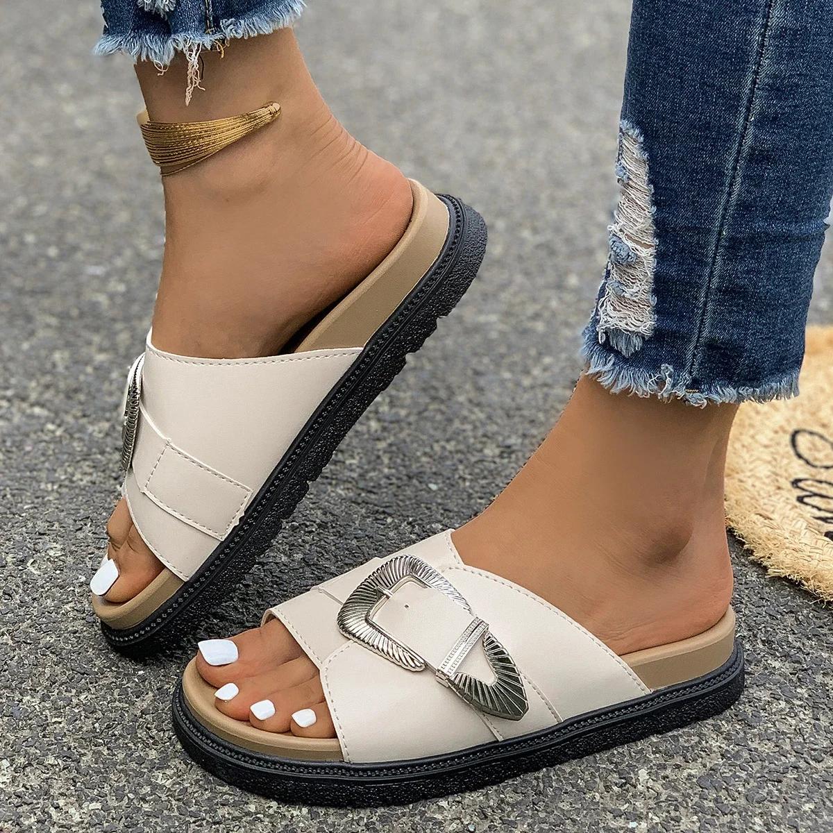 

мода Модная женская обувь Современные женские тапочки Горячая Распродажа Повседневные тапочки Женские туфли с пряжкой на поясе на плоской платформе для отдыха на природе Женские 39 покинуть белый