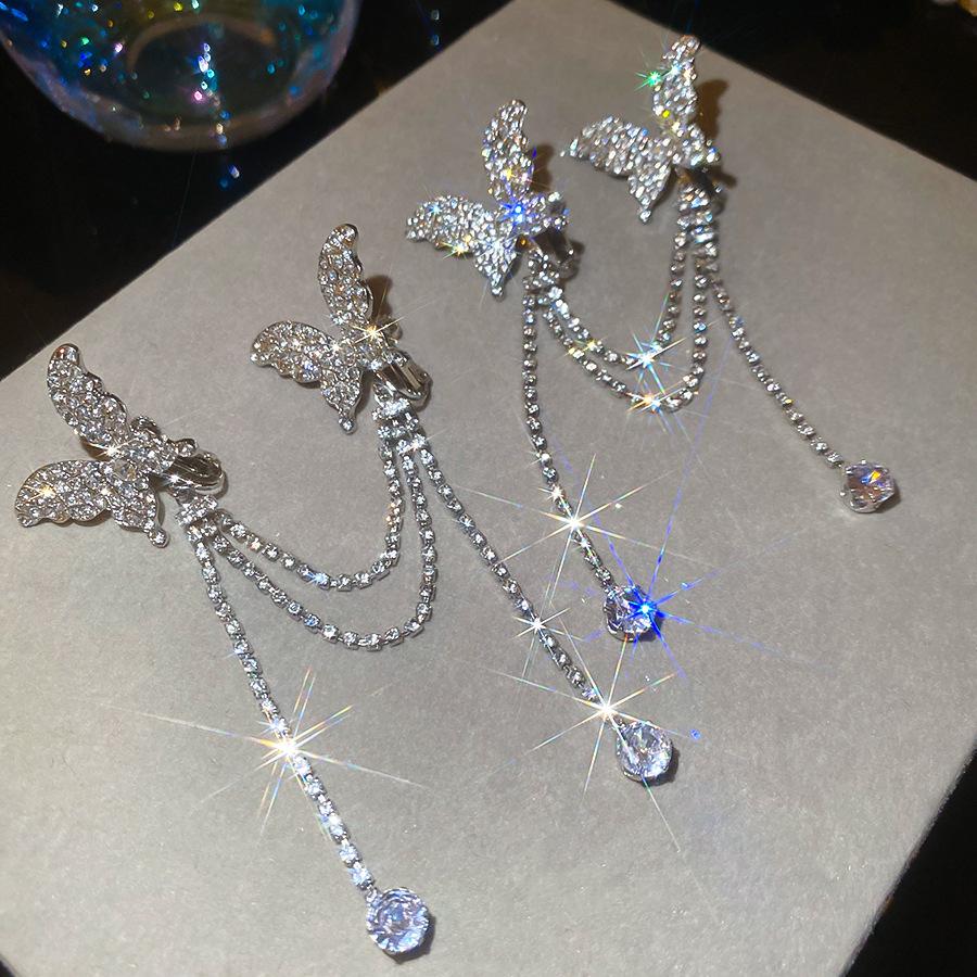 Light Luxury High-End Butterfly Ear Clip, Asymmetric Tassel Design With Diamond Inlay, Exaggerated Ear Bone Clip Earrings For Women Without Ear Holes