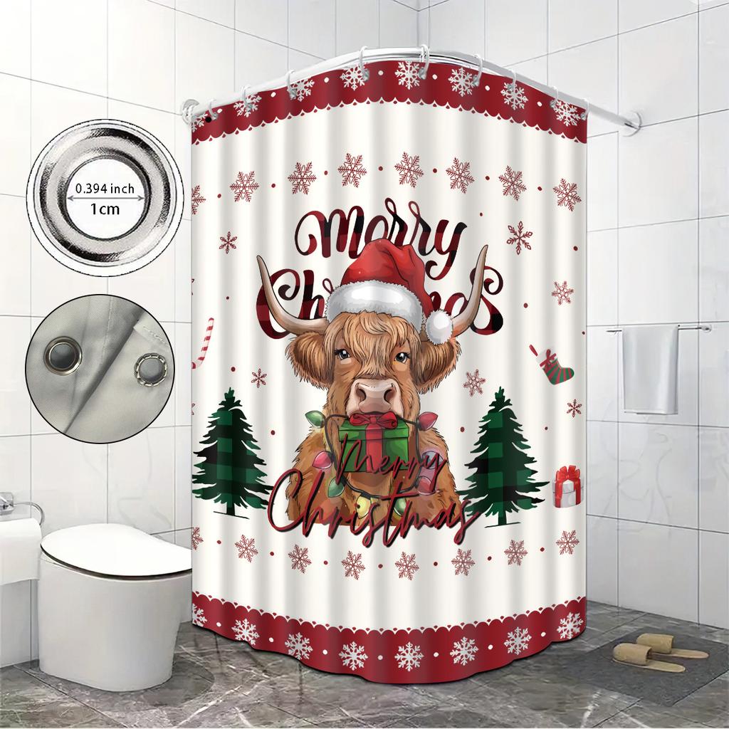 1pc Christmas Highland Cow Print Waterproof Shower Privacy Hanging Curtain with 12 Hooks, Multiple Sizes Machine Washable