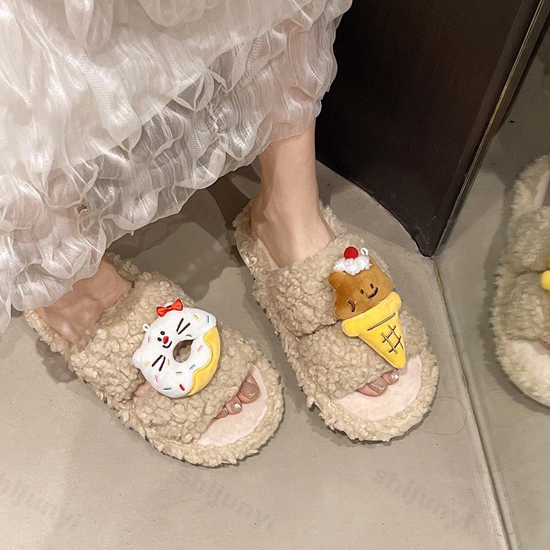 Fashion Cute Cartoon One Word Slippers Women's Autumn Winter Warm Non Slip Casual Plush Shoes Lightweight Comfortable Indoor Home Shoes