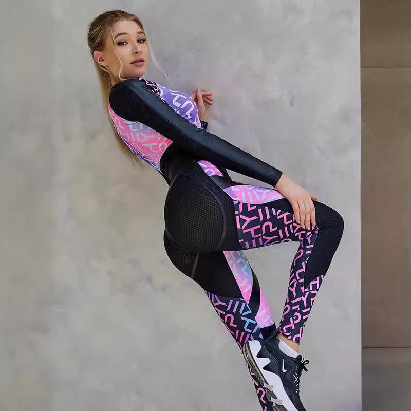 Vibrant Colorful Letter Print Zip-Up V-Neck Long Sleeve Jumpsuit Fashion Casual Romper for Women Autumn Winter