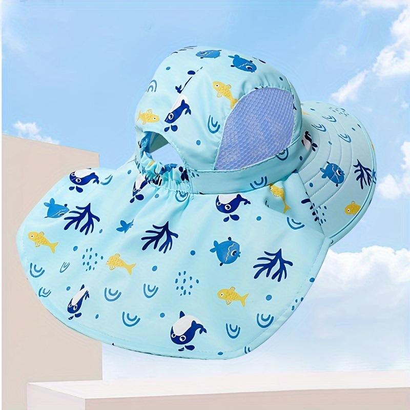 Kids UV Protection Sun Hat With Cape Quick Dry Breathable Beach Cap Summer Printed Outdoor Shade Headwear For Boys Girls