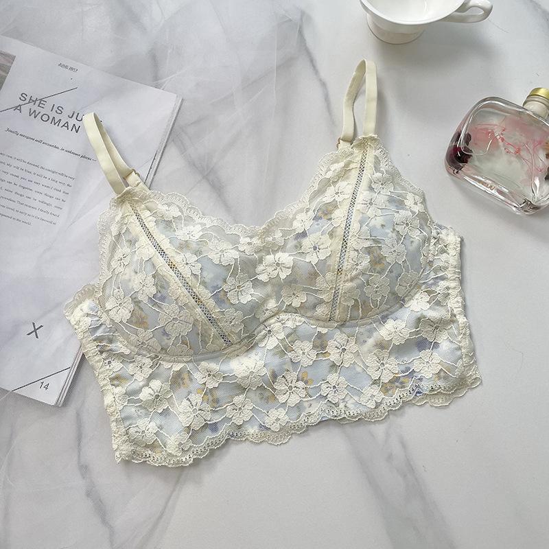 

Романтическое цветочное кружево красивая спина маленький размер груди сборка без косточек фиксированная чашка верхняя поддержка милый темперамент бюстгальтер нижнее белье XL (57567.5 kg)