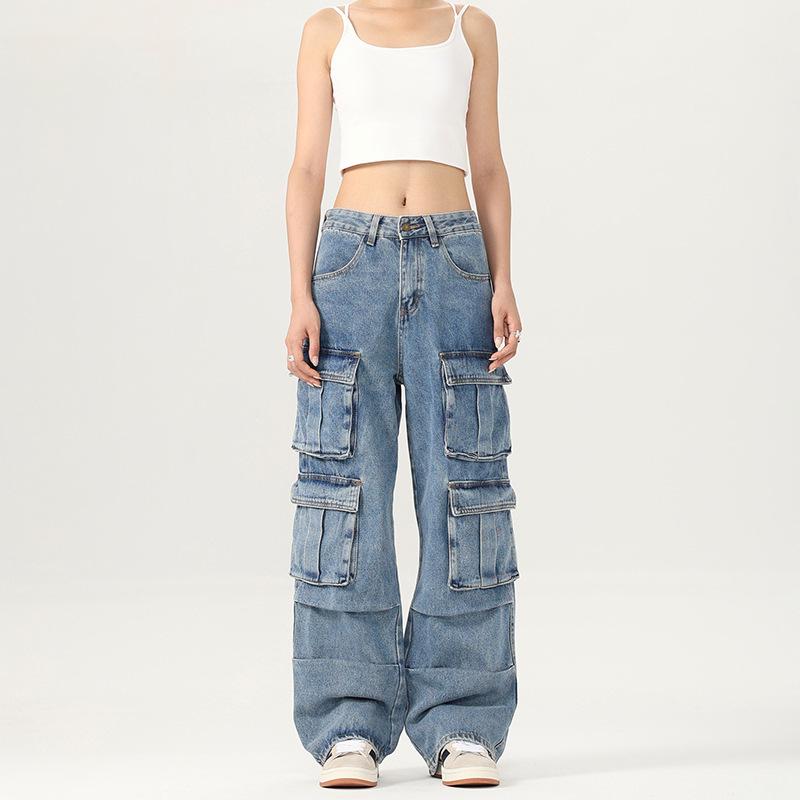 Menswear Unisex Retro Wide-Leg Multi-Pocket Denim Jeans