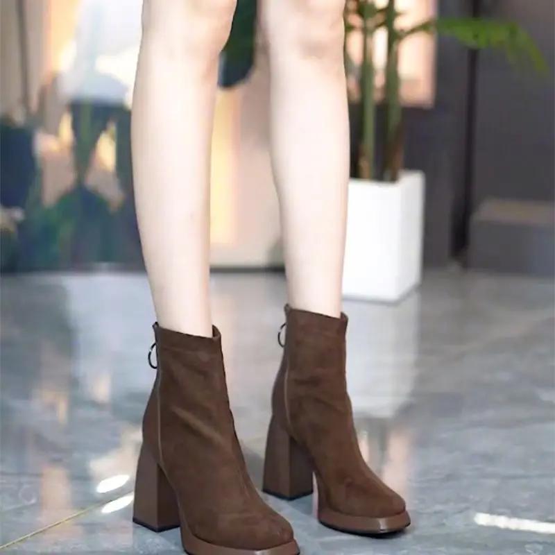 Autumn New High Heel Short Boots Thick Bottom Waterproof Platform Back Zipper Versatile Thick Heel Women's Boots