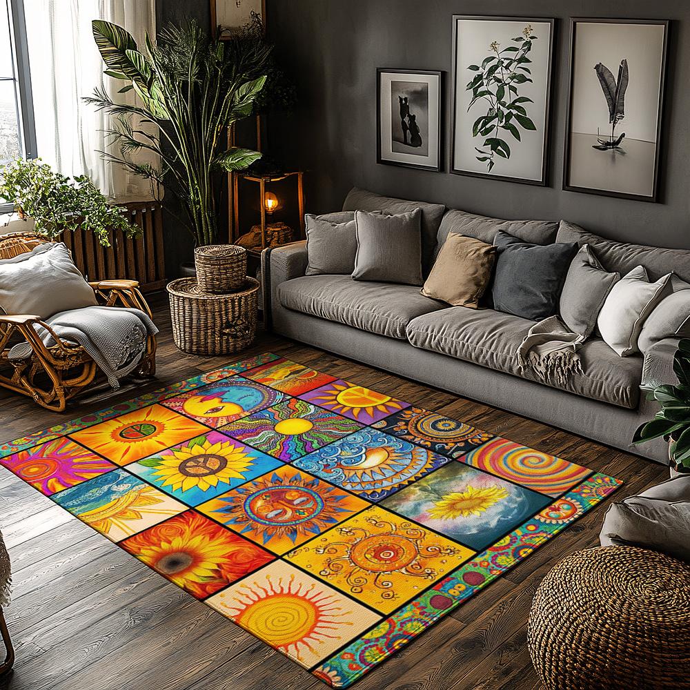 

Bohemian Patchwork Area Rug, Multicolor Sunflower Spiral Design Carpet, Soft Non-Slip Sofa Mat for Cozy Living Room Decor 50x80cm