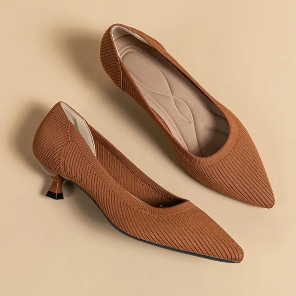 Damen Schuhe mit niedrigem Absatz Pumps Damenschuhe mit spitzer Zehenpartie weiche Sohlen Gestrickte mittelhohe Absätze Einzelne Schuhe für Damen kleiner Absatz