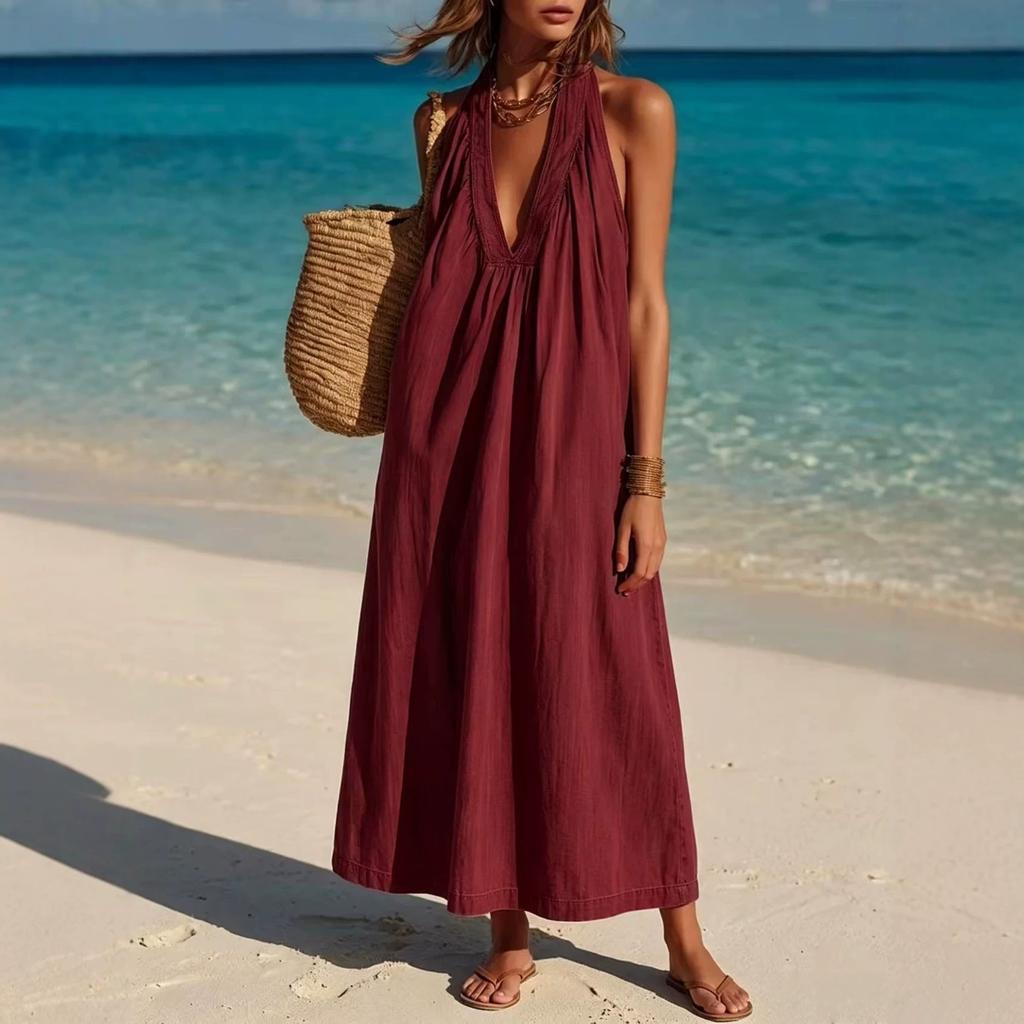 European and American women's clothing cotton and linen V-neck sleeveless long dress vacation wind beach dress