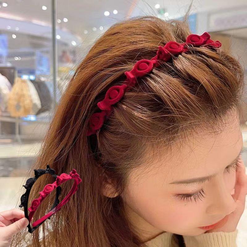 1 Piece Hair Accessories With Clip Ring Fashion Double-Band Hairband Flocked Non-Slip Braided Hair Decorative Hairpin Hairband