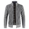 Men's Korean geometric pattern fleece thickened cardigan stand-up neck knitted sweater wool jacket