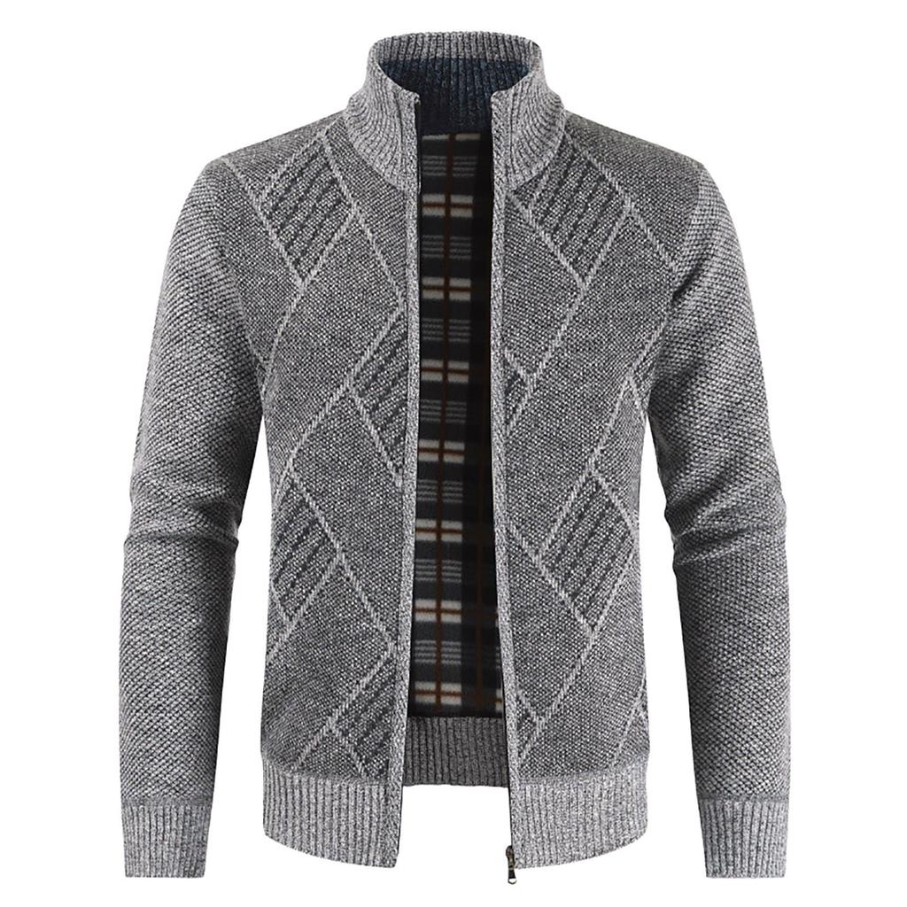 Men's Korean geometric pattern fleece thickened cardigan stand-up neck knitted sweater wool jacket