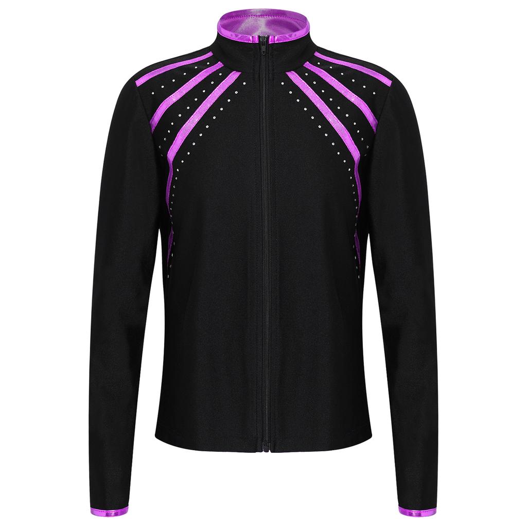 Sweat à capuche enfant scintillant avec strass et rayures métalliques, fermeture éclair, col montant, manches longues pour le patinage artistique, la gymnastique, l'entraînement