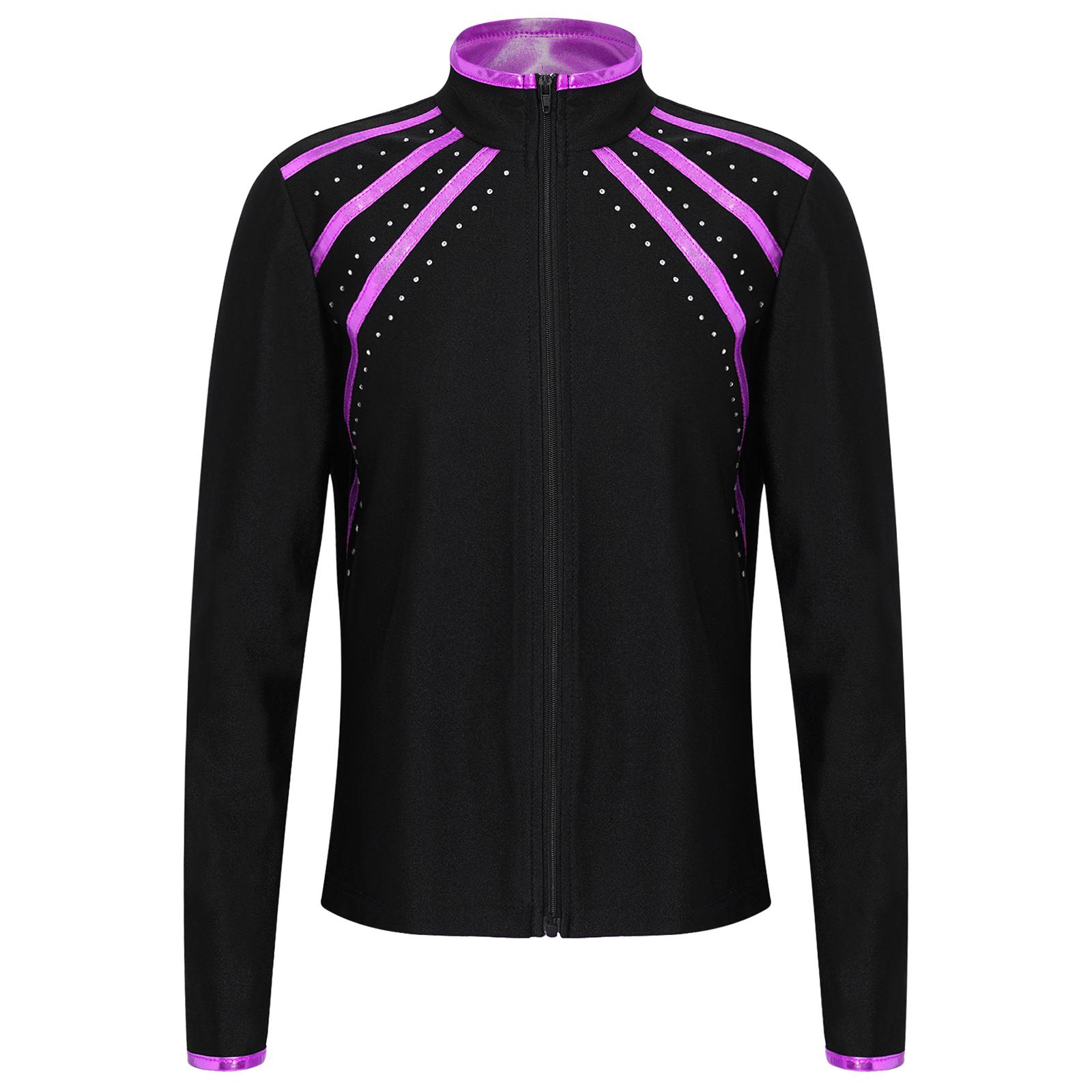 

Children’s Metallic Shiny Stripe Sweatshirt Stand Collar Long Sleeve Zipper with Rhinestones for Figure Skating Gymnastics Performance 5-6 Years фіолетовий