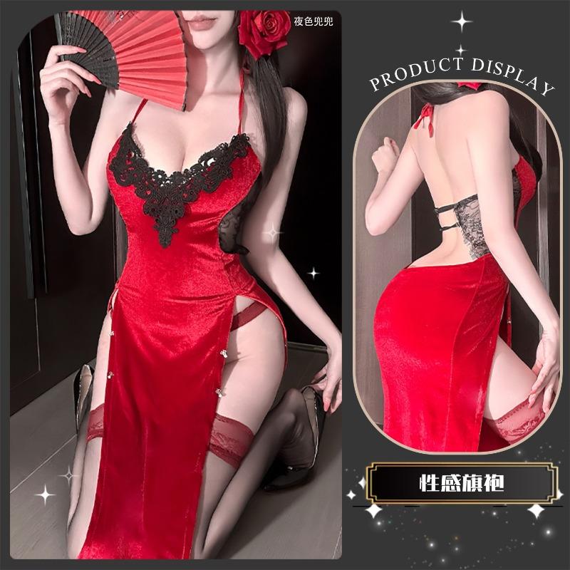 Sexy Underwear Human Cinnabar Mole Deep Velvet Nightdress Sexy Pure Desire High Split Ends Show Buttocks Free of Low Chest Y