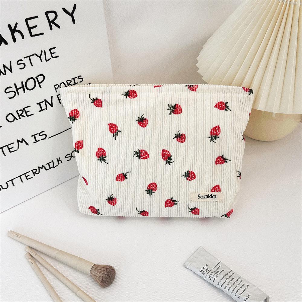 Strawberry Print Corduroy Shoulder Bag - Casual, Large Capacity for Commuting and Daily Essentials