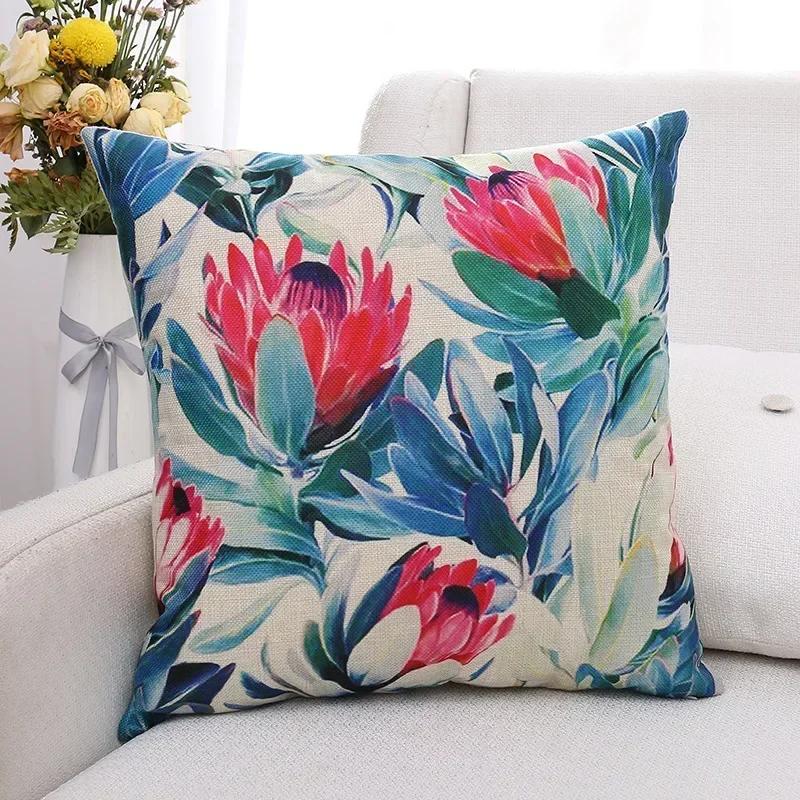 Green Plants and Flowers Cotton and Linen Pillow Customized Linen Car Pillow Sofa Pillow Cover Home Decoration