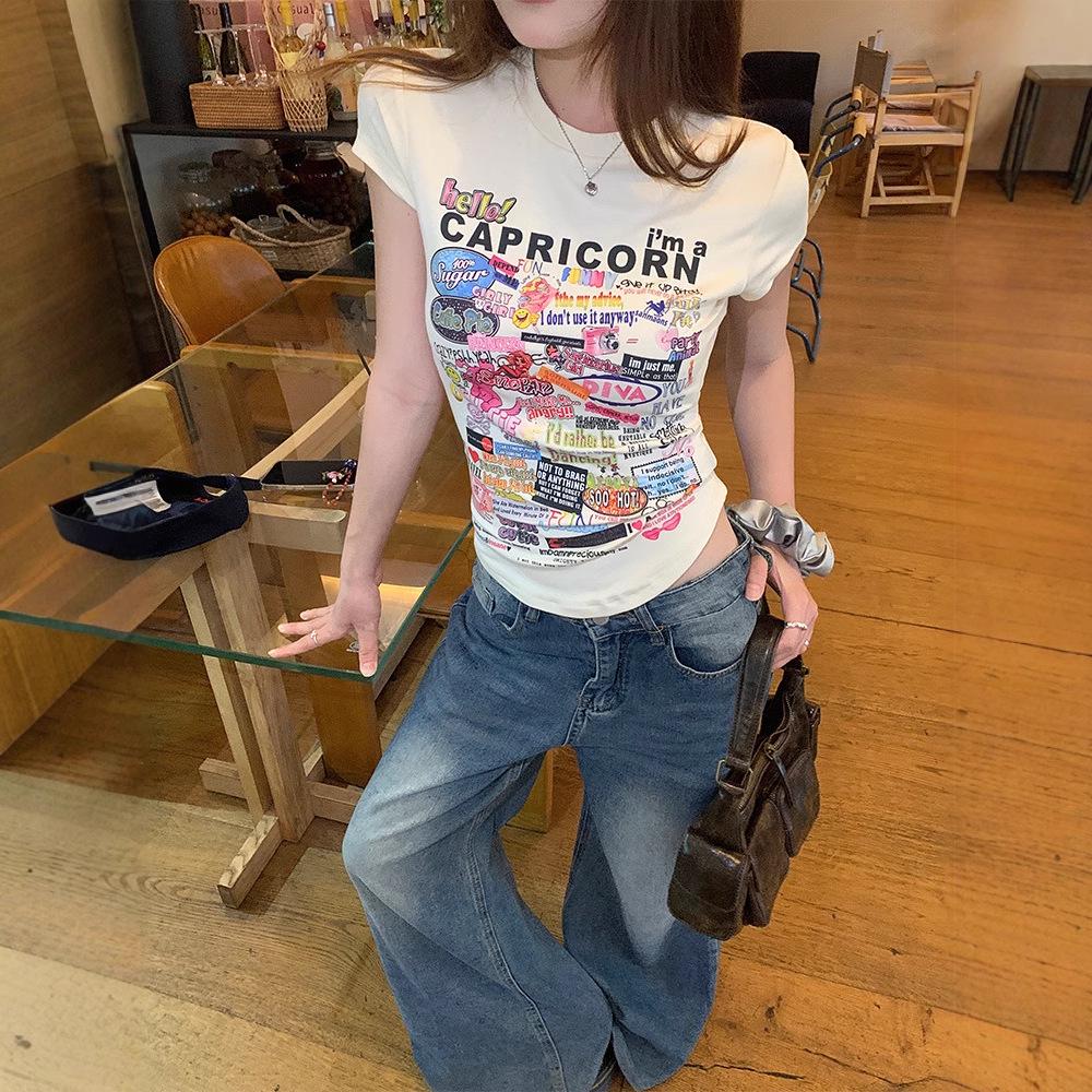 

Graffiti Print Women s Slim Short Sleeve T-Shirt - Summer 2025 Trendy Design M [Premium Version]