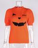 Halloween Women's Slim Fit Pumpkin Smile Knit Top - Short Sleeve Round Neck Sweater