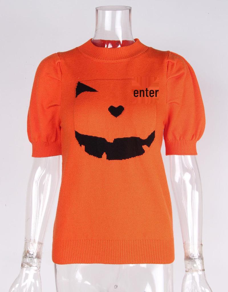 Halloween Women's Slim Fit Pumpkin Smile Knit Top - Short Sleeve Round Neck Sweater
