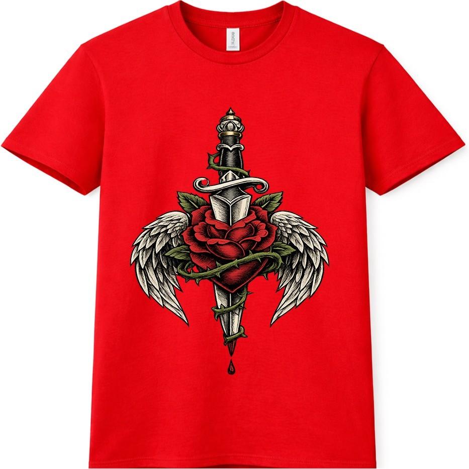 Dagger Rose T Shirt Angel Wings Gothic Tattoo Style Streetwear Graphic Tee