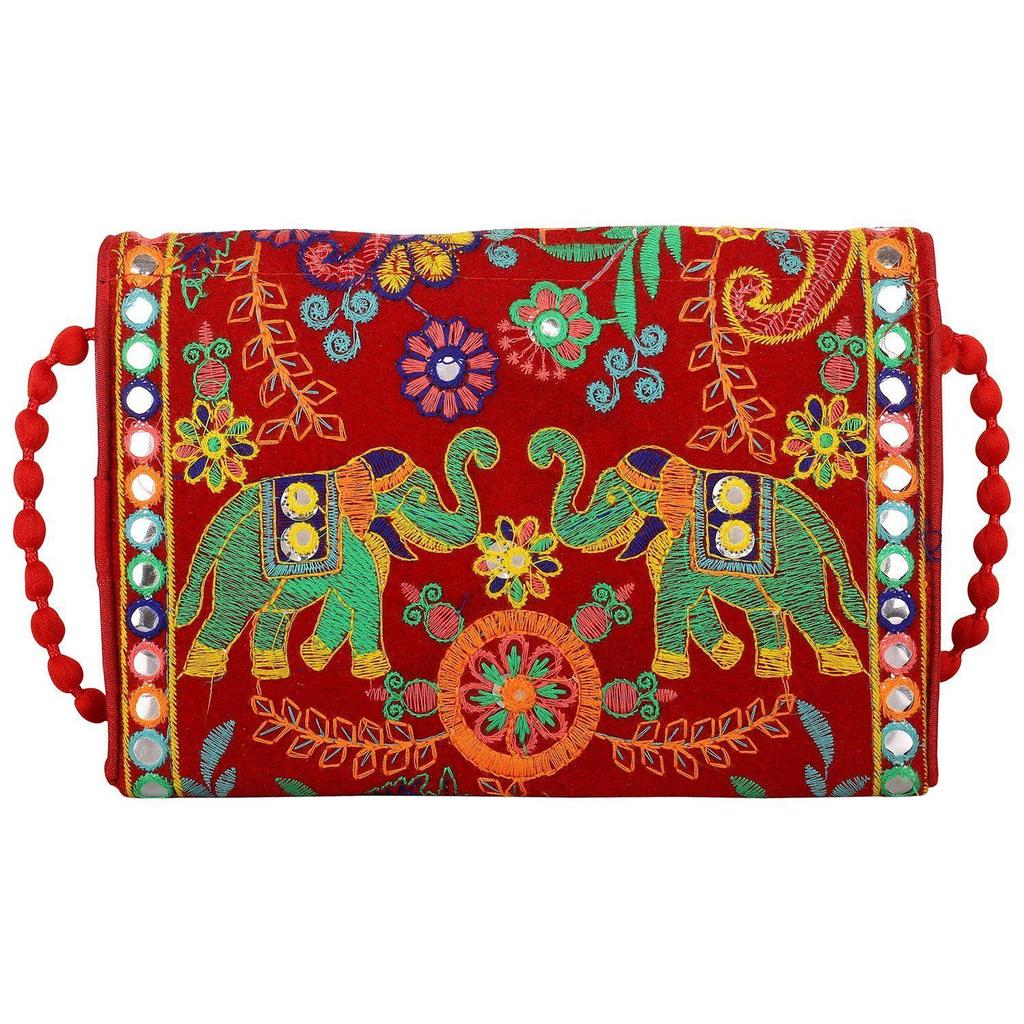 Clutch Bags Handmade Embroidery Mirror Work Stylish Sling Bags for Women Cross Body Bags for Ladies and Girls - 22X16 Cm