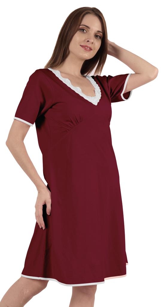 Inkmeso Solid Nightgown Dress For Women Nightwear Lace Short Sleeve Loungewear