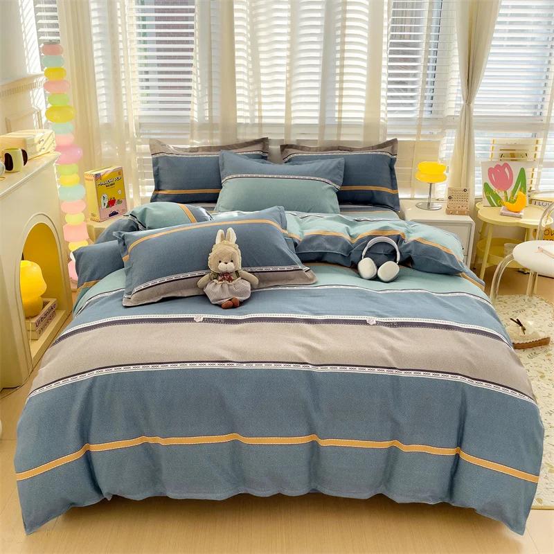Cute Bear Bedding Set No Filler Ins Korean Style Khaki Brown Striped Comforter Covers Queen Size Kids Adult Soft Thick Bedding
