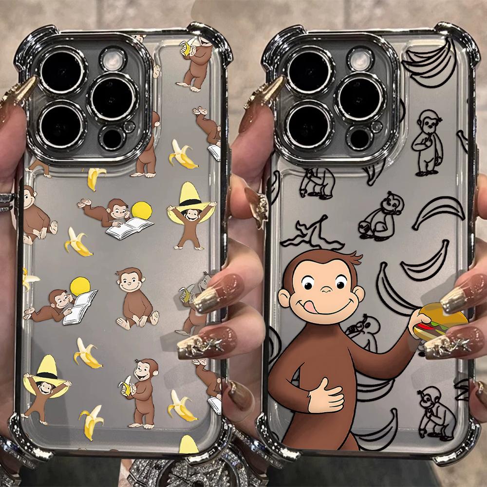Curious George Monkey Cartoon Plating Phone Case For Samsung S26 S25 S24 S23 S22 S21 FE Note20 Edge Plus Ultra Anti Fall Airbag
