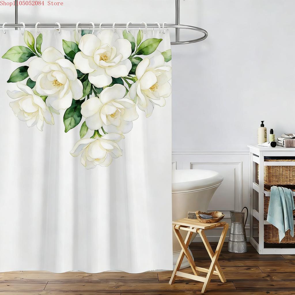 White Gardenia Watercolor Floral Waterproof Shower Curtain for Bathroom Decor