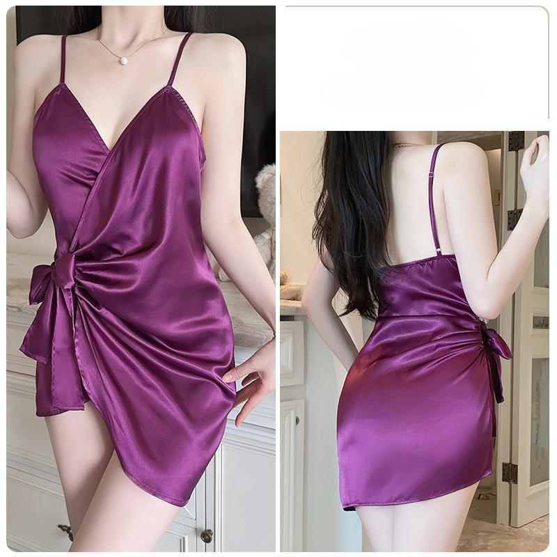 Women’s Sexy Solid Color Sleep Dress Tie-Up Slim-Fit Nightgown Ruched Camisole Nightdress