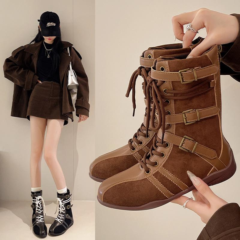 [Cowhide Edition] Thick-soled Brown Boxing Boots for Women's 2025 Season New Retro Martin Boots with Belt Buckle Medium Boots