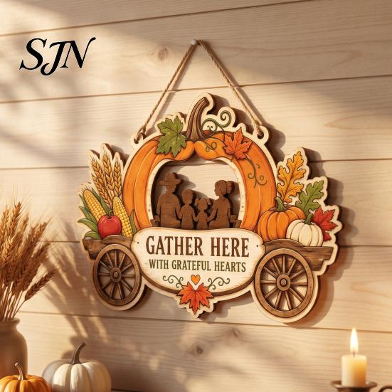 Thanksgiving Door Hanging Ornament Front Sign, Pumpkin Turkey Pattern Hanger, Autumn Decorative Wooden Plaque Harvest Wall for Farmhouse Porch