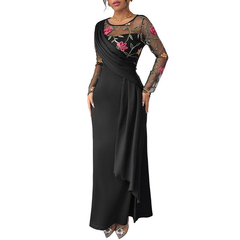 2025 Autumn New Retro Temperament Round Neck Mesh Embroidered Long-sleeved Dress for Women