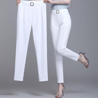Calças Harem Elásticas de Cintura Alta Femininas Calças Casuais de Nove Pontos Calças de Cinto de Cor Sólida da Moda