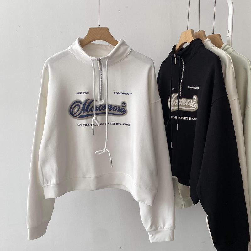 European Style Stand Collar High Waist Sweatshirt for Women - Plus Size, Slimming, Loose Fit, Short Top for Spring & Autumn 2025