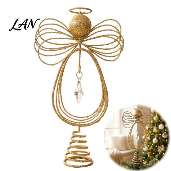 Decorative Holiday Home Accents Angel Christmas Tree Topper, Gold Glitter Metal Wire Crown Spring Base Topper Ornament for Decor And Seasonal