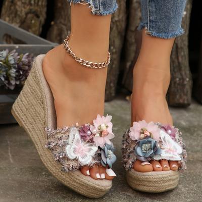 Shoes Female 2024 Plus Size Peep Toe Women's Slippers Retro Dress Slippers Women Platform String Bead Appliques Wedges Sandals