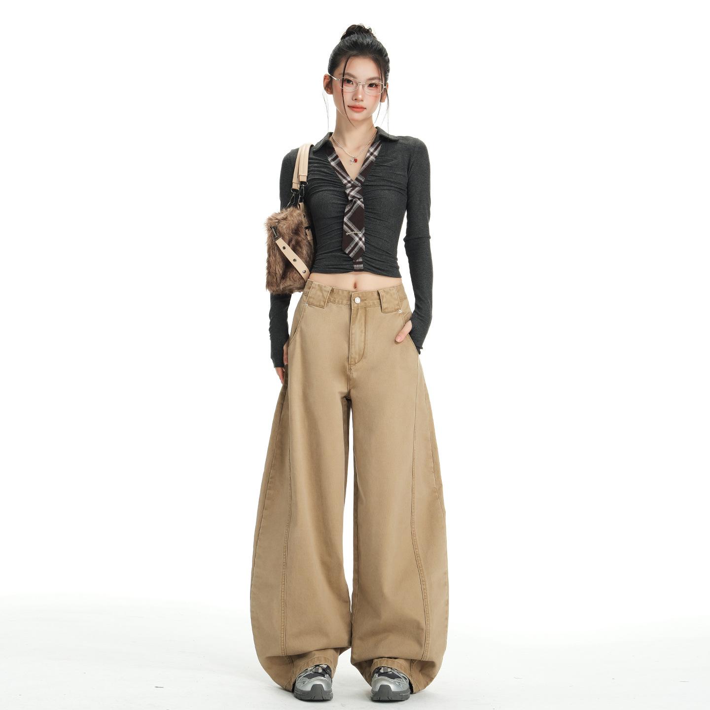 

Women s American Retro Patchwork Scimitar Jeans, 2025 Autumn, Loose Wide Leg Relaxed Fit. S