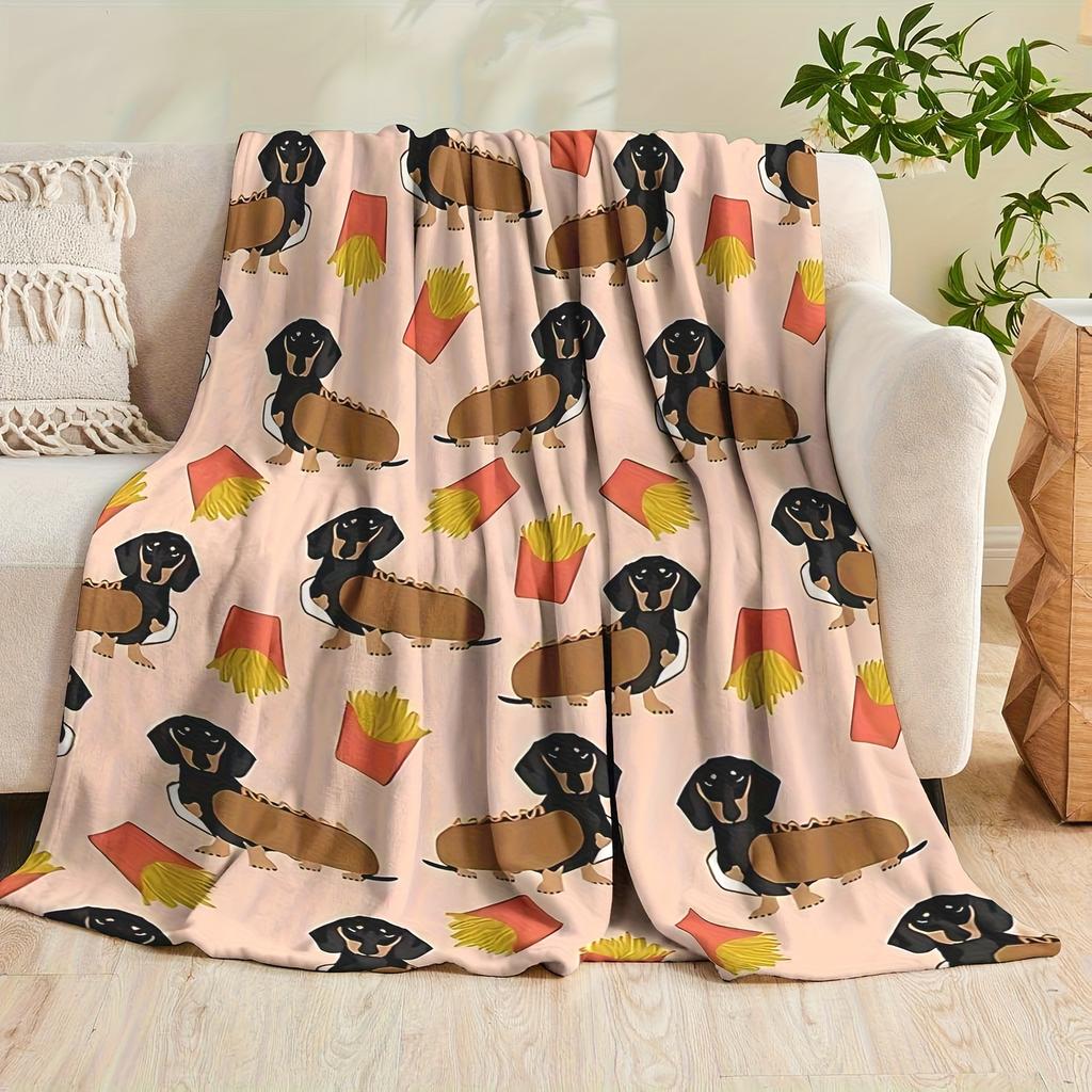 1pc Cartoon Puppy and Fries Pattern Flannel Blanket - Super Soft All-Season Throw Blanket | Suitable for Bed, Sofa, Chair, Office - Versatile Home Bla