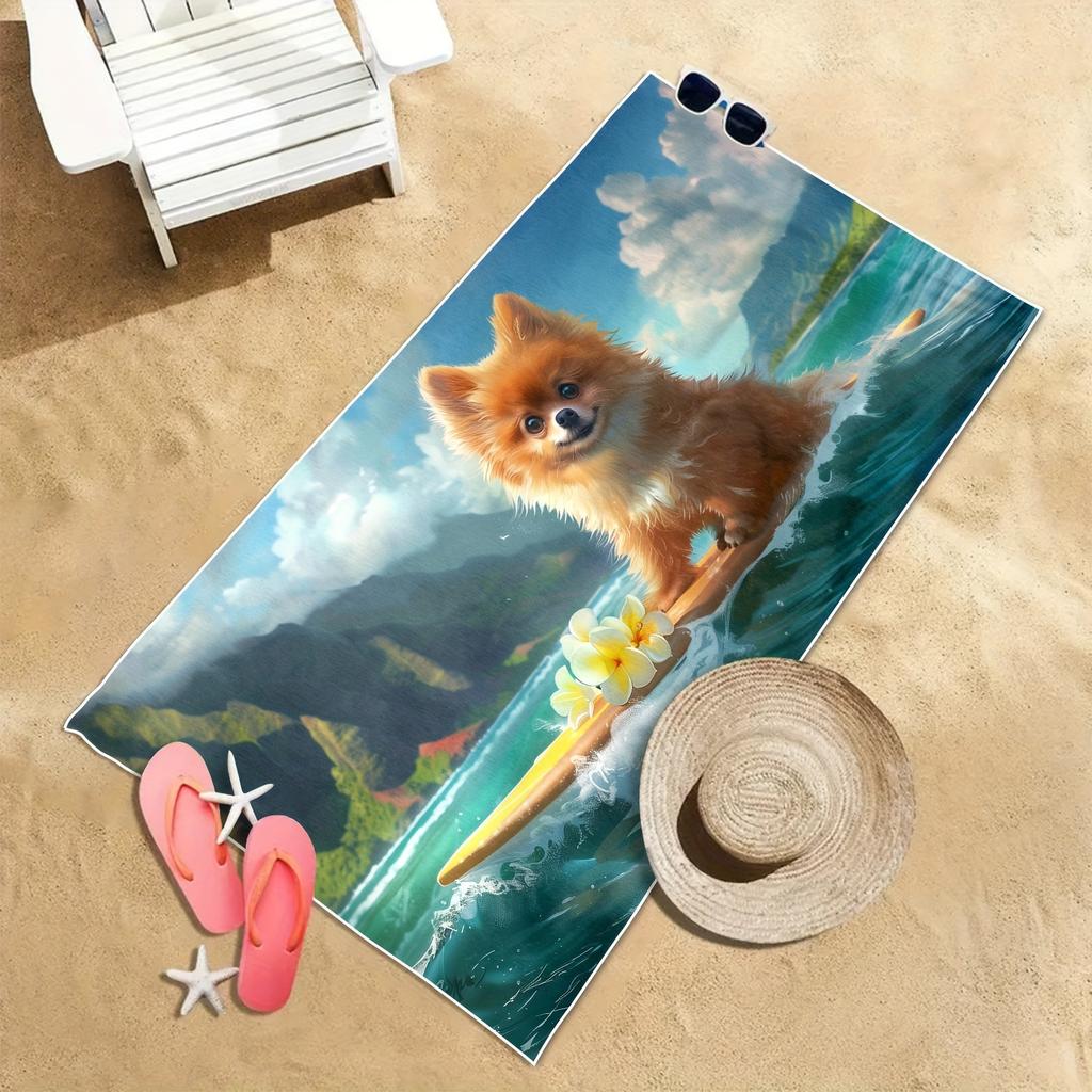 Süßes Zwergspitz Surfer Strandtuch Kawaii Hund Hawaiianischer Blumendruck Schnelltrocknend Übergroßes Badetuch für Sommer Pool Urlaub