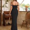 New mesh suspender one-word collar dress, European and American sexy backless irregular pleated fungus edge long dress