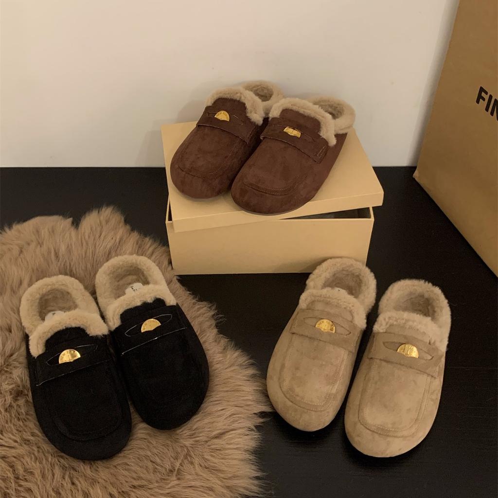 Thick-soled Plush Shoes Bag Head Half Slippers Women's Shoes Wear 2025 Autumn and Winter Half Toboken Shoes