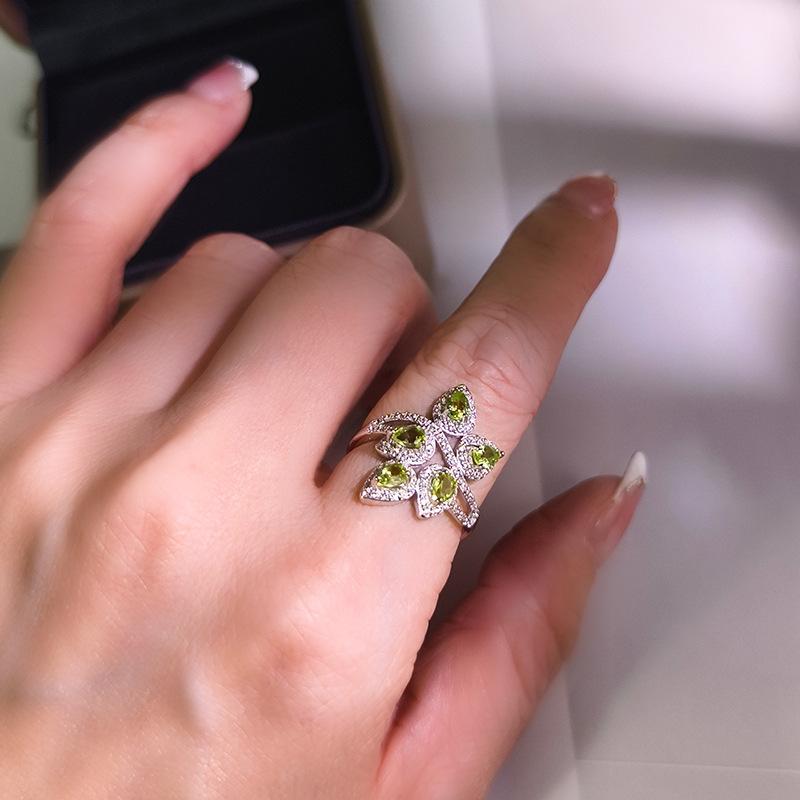 S925 Silver Adjustable Ring with Natural Crystal/Peridot/Topaz, Gemstone Jewelry for Women