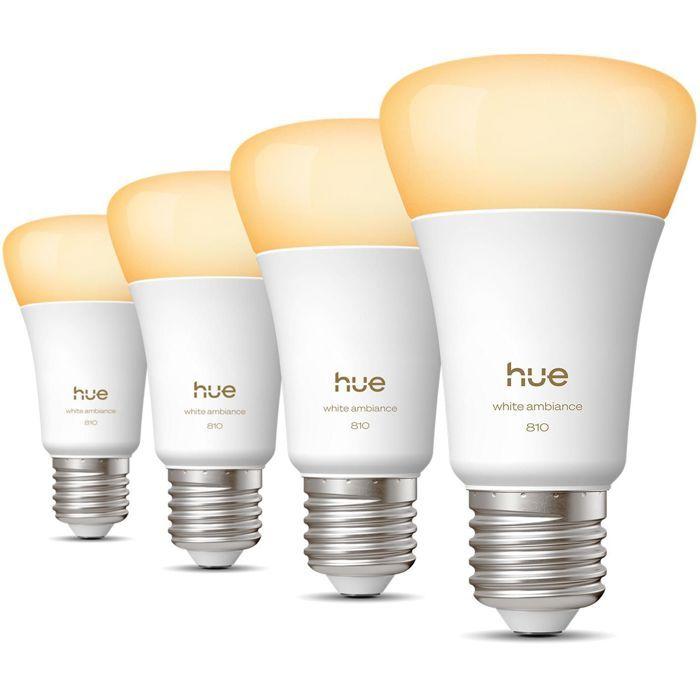Pack de 4 ampoules LED connectées A60 - PHILIPS HUE - Lumiere blanche chaude - Culot E27 - 6W - 1000-2000k - 810 lumens