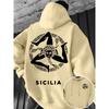 Men's Autumn/Winter Hoodie with Sicilian Trinity Flag Print, Retro Greek Border Pattern, Outdoor Warm Streetwear Style