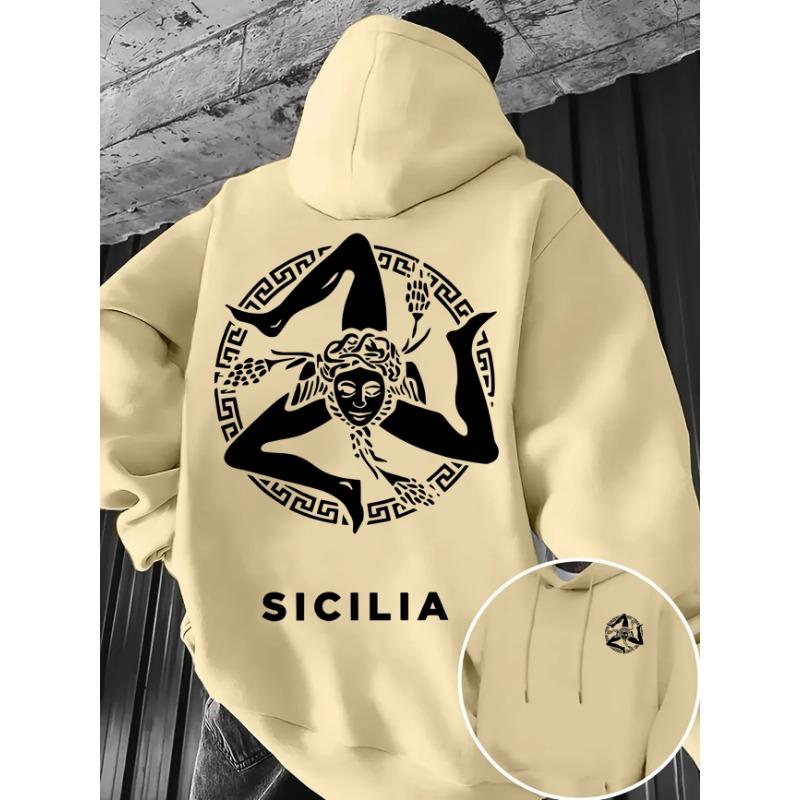 Men's Autumn/Winter Hoodie with Sicilian Trinity Flag Print, Retro Greek Border Pattern, Outdoor Warm Streetwear Style