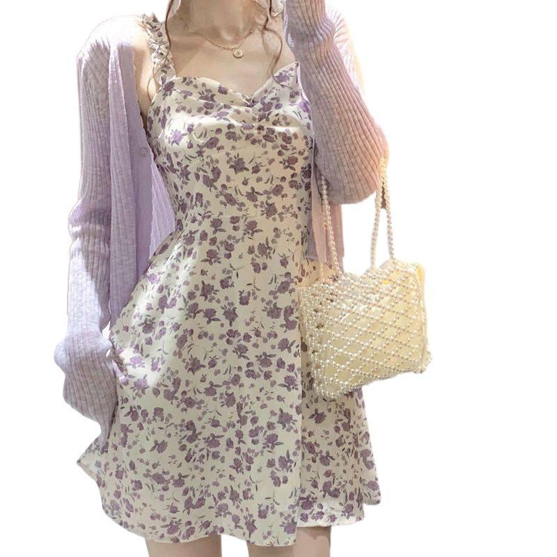 Women's Floral Suspender Dress Set: Sweet & Spicy Summer Style with Short Skirt and Sun Protection Cardigan.