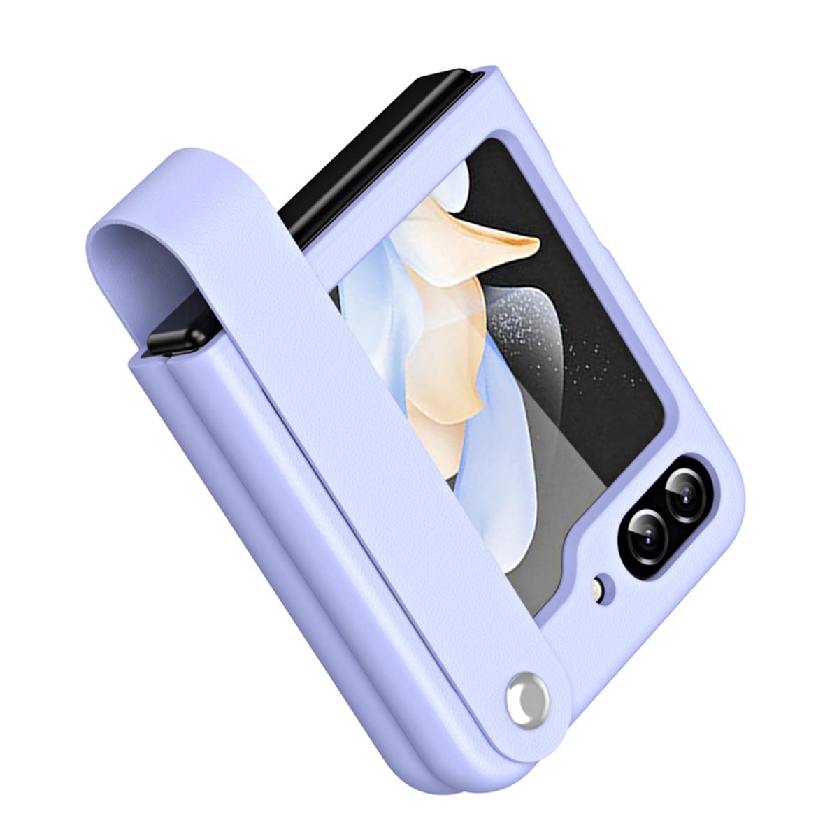 

Slim Case for Samsung Galaxy Z Flip5 5G Protective PU Leather PC Phone Cover with Finger Strap Purple