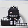 Bow Plaid Girls School Bag 3-Piece Set Backpack with Lunch Bag Pen Case Pink