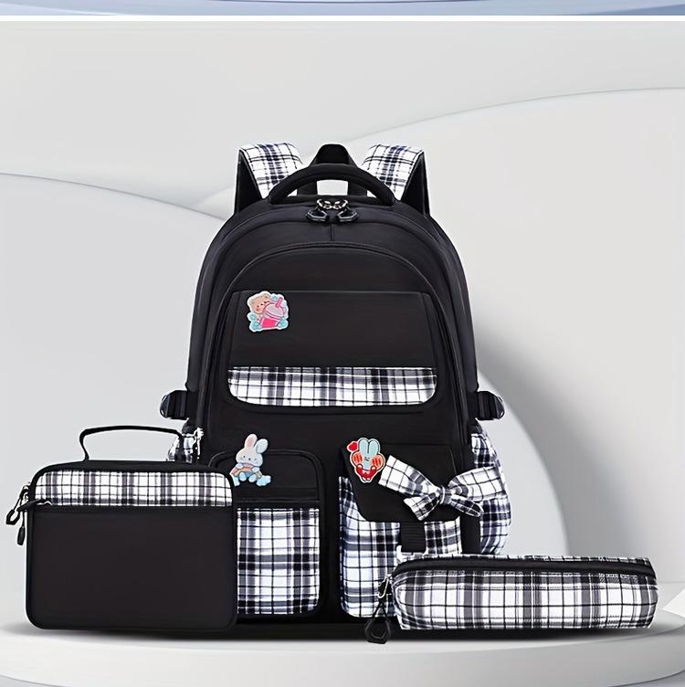 Bow Plaid Girls School Bag 3-Piece Set Backpack with Lunch Bag Pen Case Pink